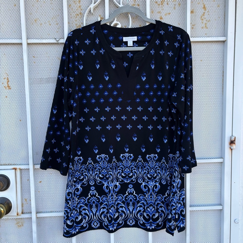 Charter Club L women blouse 3/4 length sleeves pullover V-neck tunic top black